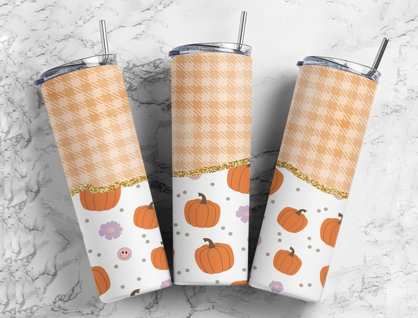 Pumpkin Retro 20oz Sublimation Tumbler Designs, Agate Glitter Plaid 9.2 x 8.3” Straight Skinny Tumbler Wrap PNG