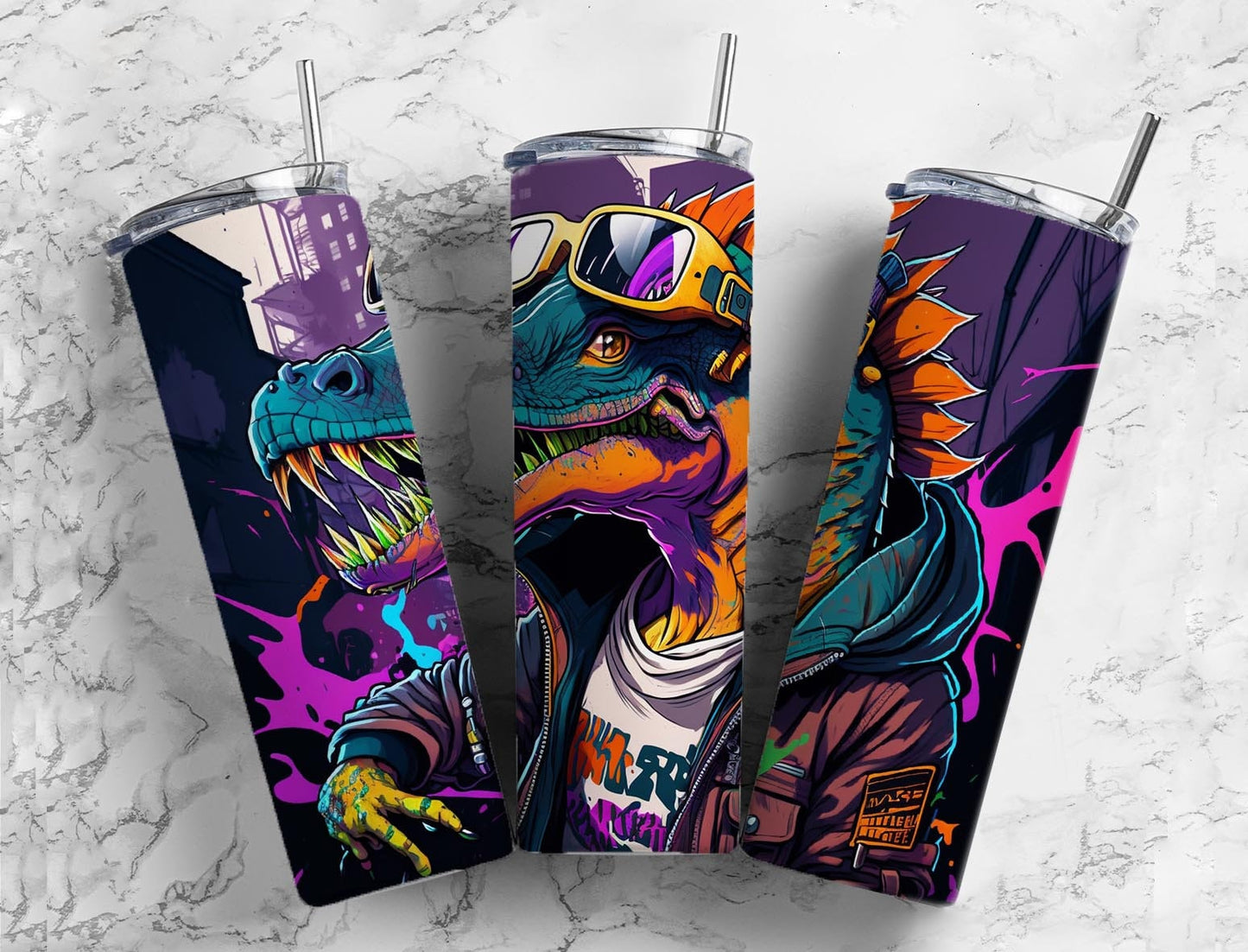 Dinosaur with sunglasses 20oz Sublimation Tumbler Designs, Street style 9.2 x 8.3” Straight Skinny Tumbler Wrap PNG