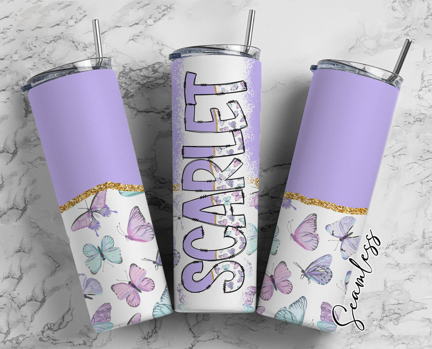 Purple Butterfly Tumbler Wrap with Matching Doodle Letter Alphabet PNG, Aesthetic Add your Own name 20oz Tumbler, Cute Alpha Set PNG 182