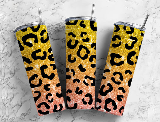 Yellow and orange glitter gradient 20oz Sublimation Tumbler Designs, Leopard print 9.2 x 8.3” Straight Skinny Tumbler Wrap PNG