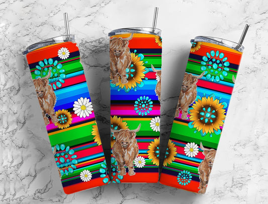 Sunflower Highland Cow 20oz Sublimation Tumbler Designs, Blue Gem Serape 9.2 x 8.3” Straight Skinny Tumbler Wrap PNG