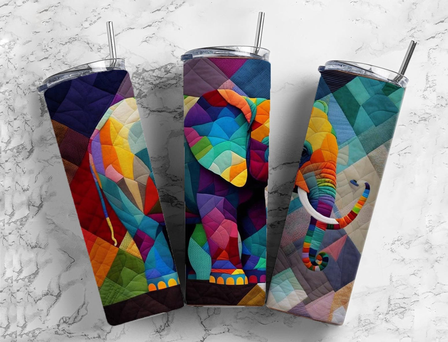 Elephant 20oz Sublimation Tumbler Designs, Rainbow Patchwork Quilt 9.2 x 8.3” Straight Skinny Tumbler, Tumbler Wrap PNG