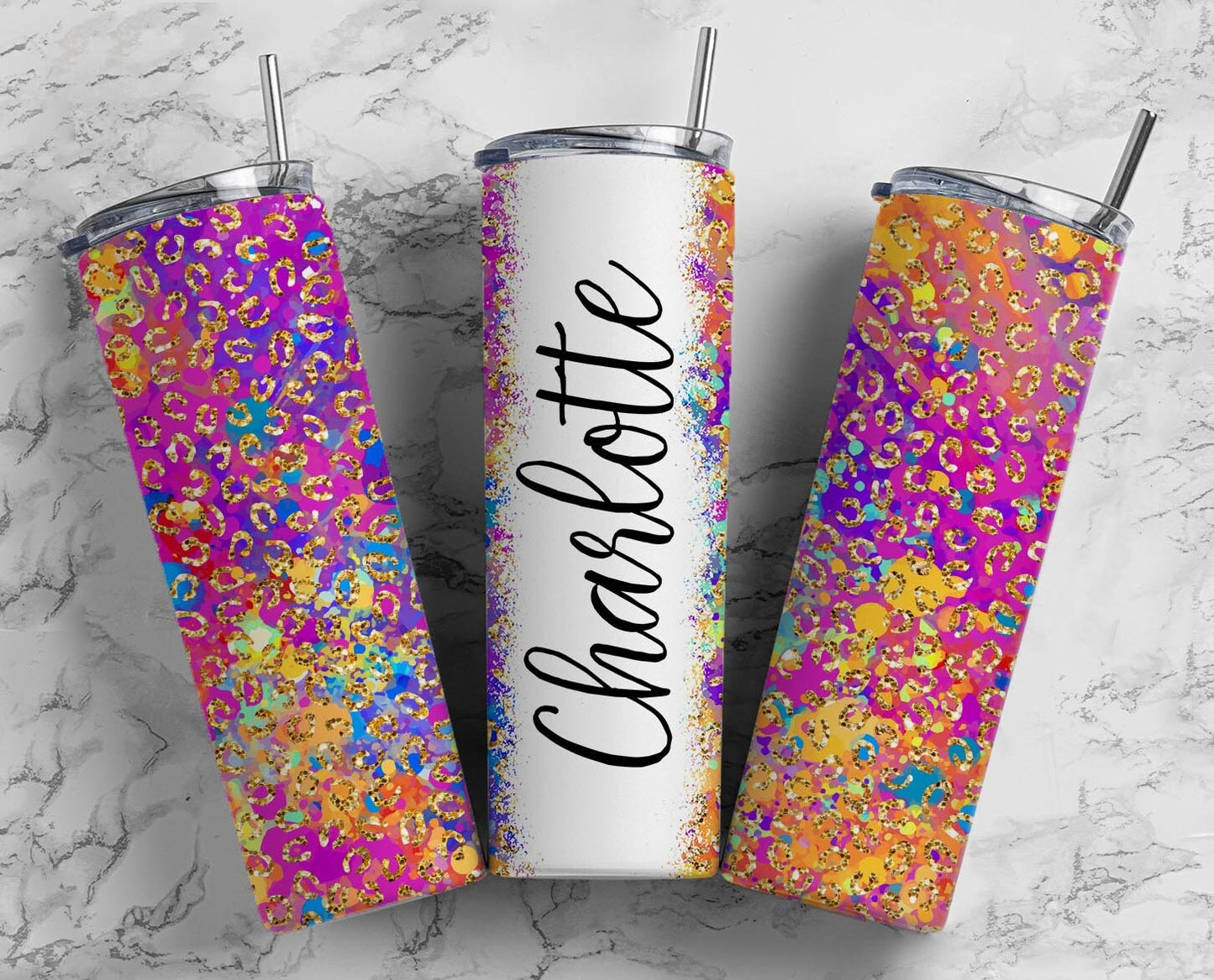 Rainbow leopard print 20oz Sublimation Tumbler Designs, Colorful neon 9.2 x 8.3” Straight Skinny Tumbler Wrap PNG