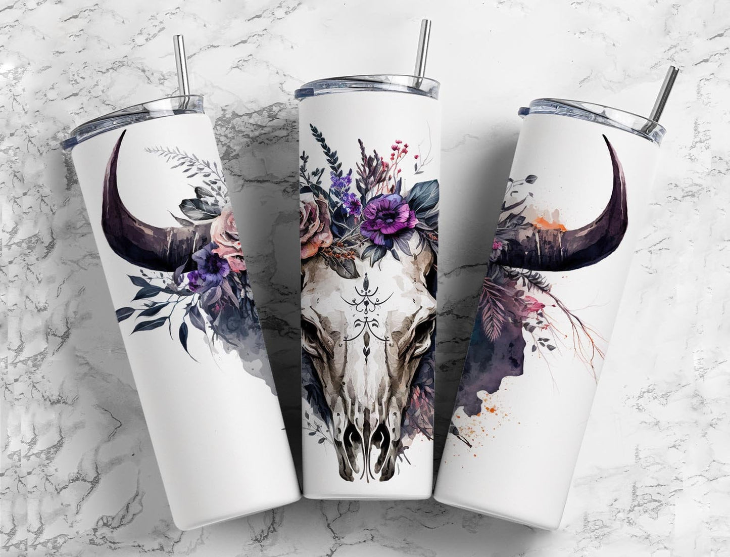 Animal skull 20oz Sublimation Tumbler Designs, ox floral 9.2 x 8.3” Straight Skinny Tumbler Wrap PNG