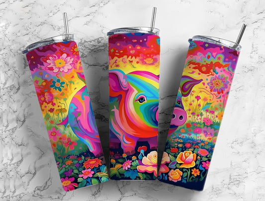 Rainbow pig 20oz Sublimation Tumbler Designs, Colorful floral 9.2 x 8.3” Straight Skinny Tumbler Wrap PNG