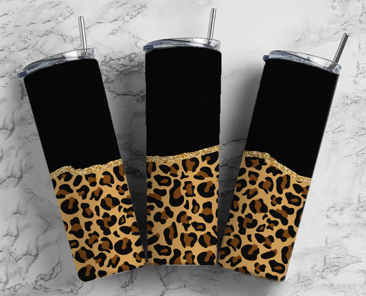 Black Leopard Print 20oz Sublimation Tumbler Designs, Gold Glitter Agate 9.2 x 8.3” Straight Skinny Tumbler Wrap 25