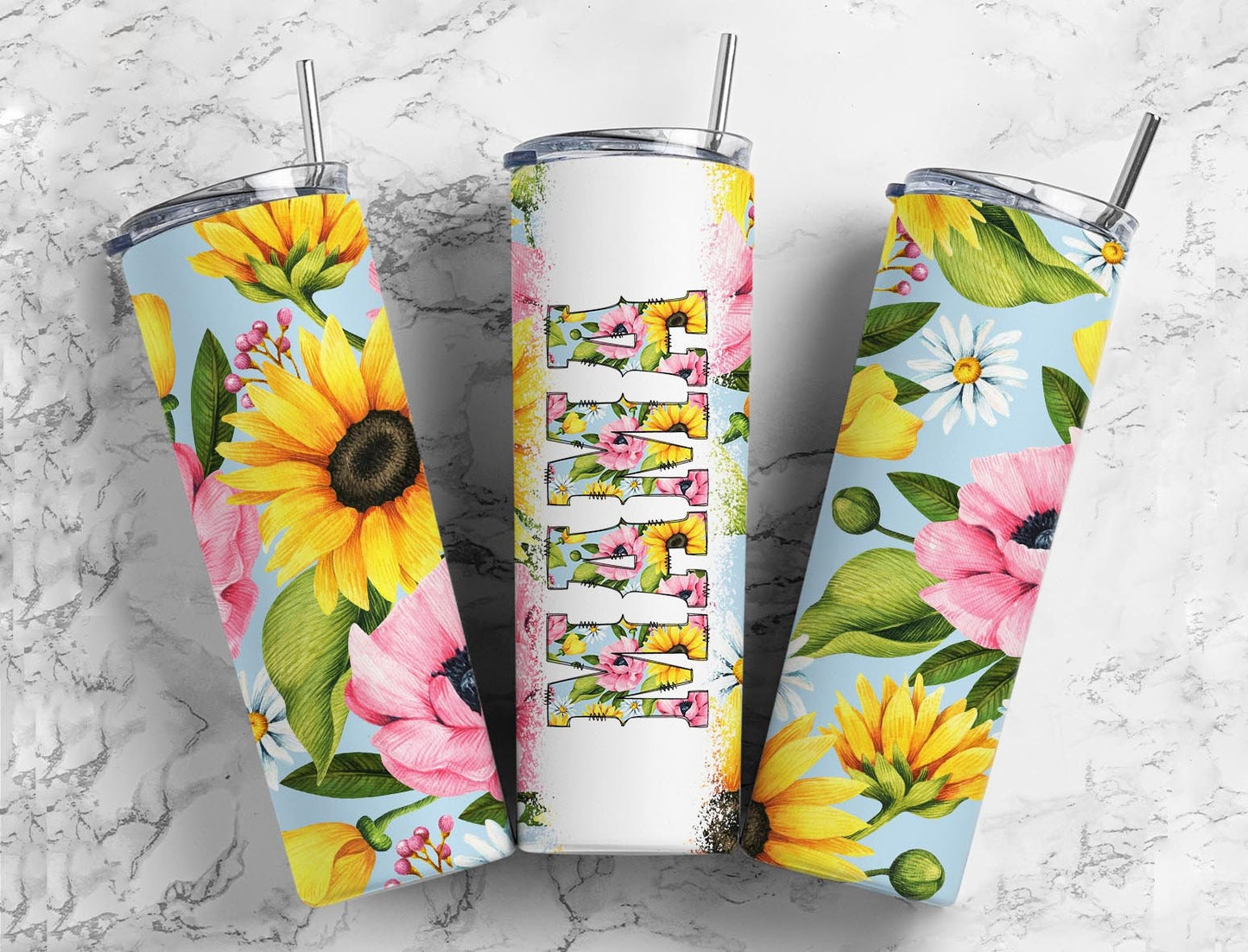 Sunflower Garden 20oz Sublimation Tumbler Designs, Mama Blue 9.2 x 8.3” Straight Skinny Tumbler Wrap PNG, Sublimation Design PNG