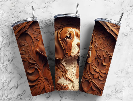 Tooled leather beagle 20oz Sublimation Tumbler Designs, Engraved leather 9.2 x 8.3” Straight Skinny Tumbler Wrap PNG