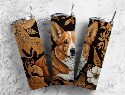 Tooled leather corgi 20oz Sublimation Tumbler Design, engraved leather 9.2 x 8.3” Straight Skinny Tumbler Wrap PNG