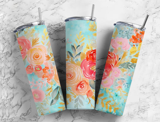 Watercolor floral 20oz Sublimation Tumbler Designs, Orange and blue 9.2 x 8.3” Straight Skinny Tumbler Wrap PNG