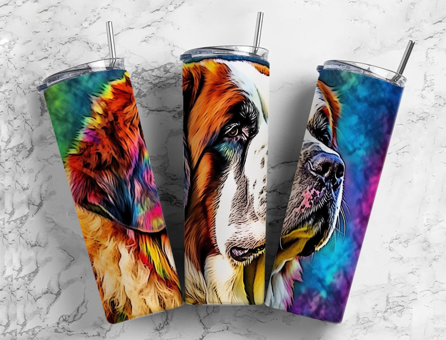 St Bernard dog 20oz Sublimation Tumbler Designs, colorful rainbow 9.2 x 8.3” Straight Skinny Tumbler Wrap PNG