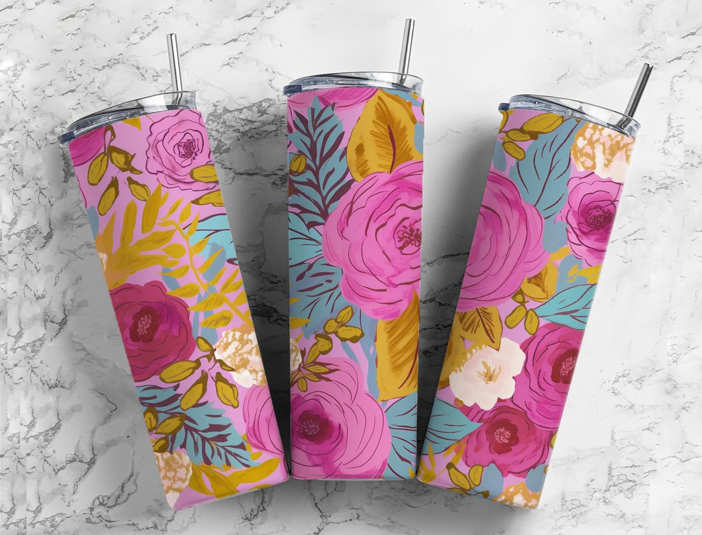 Rose floral 20oz Sublimation Tumbler Designs, Pink botanical 9.2 x 8.3” Straight Skinny Tumbler Wrap PNG