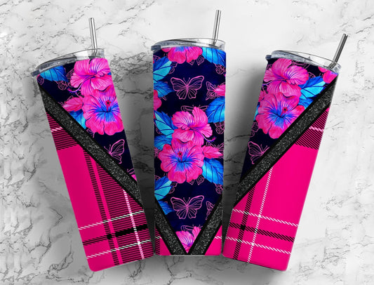 Colorful floral 20oz Sublimation Tumbler Designs, Hot pink plaid 9.2 x 8.3” Straight Skinny Tumbler Wrap PNG