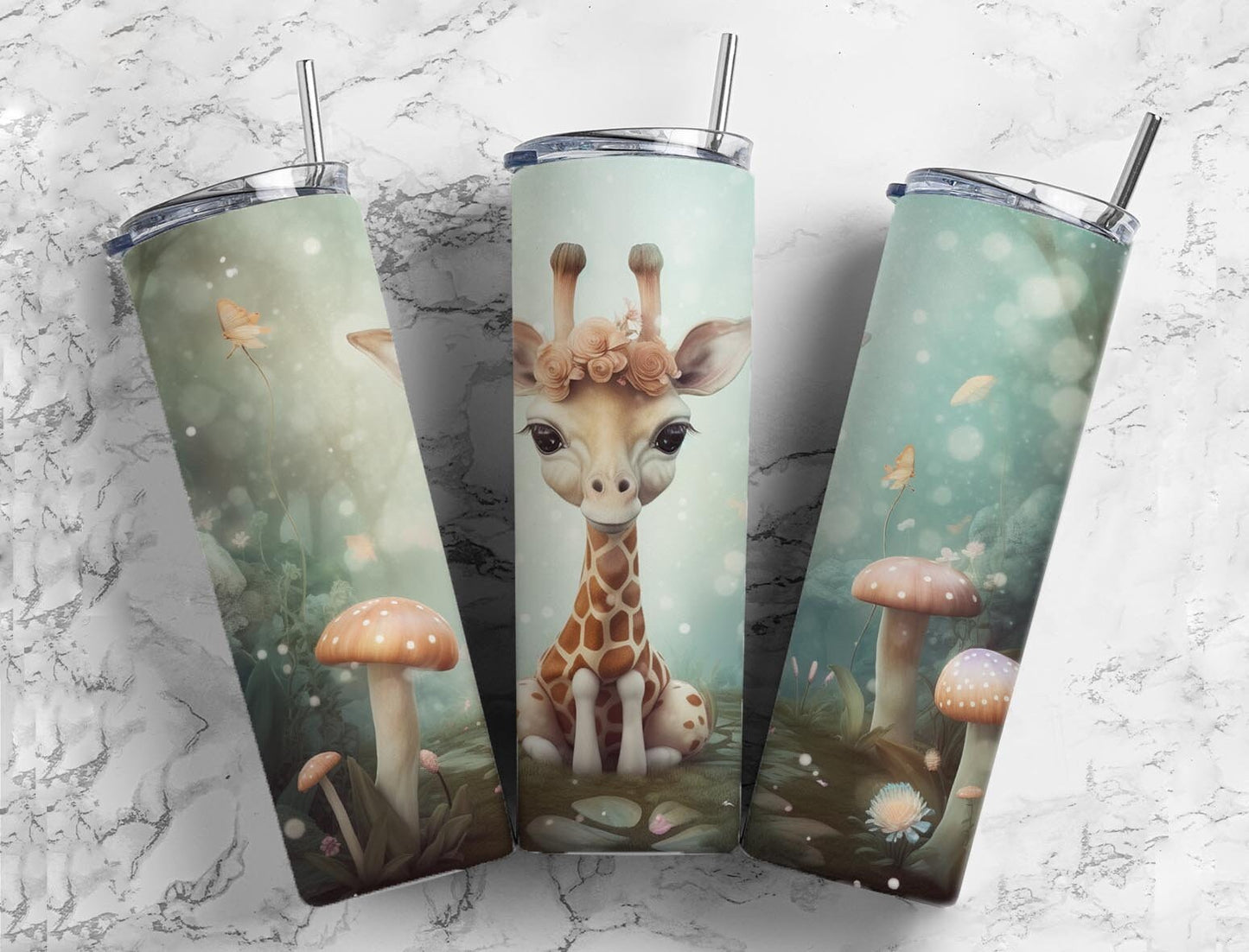 Baby giraffe 20oz Sublimation Tumbler Designs, Mushroom forest 9.2 x 8.3” Straight Skinny Tumbler Wrap PNG