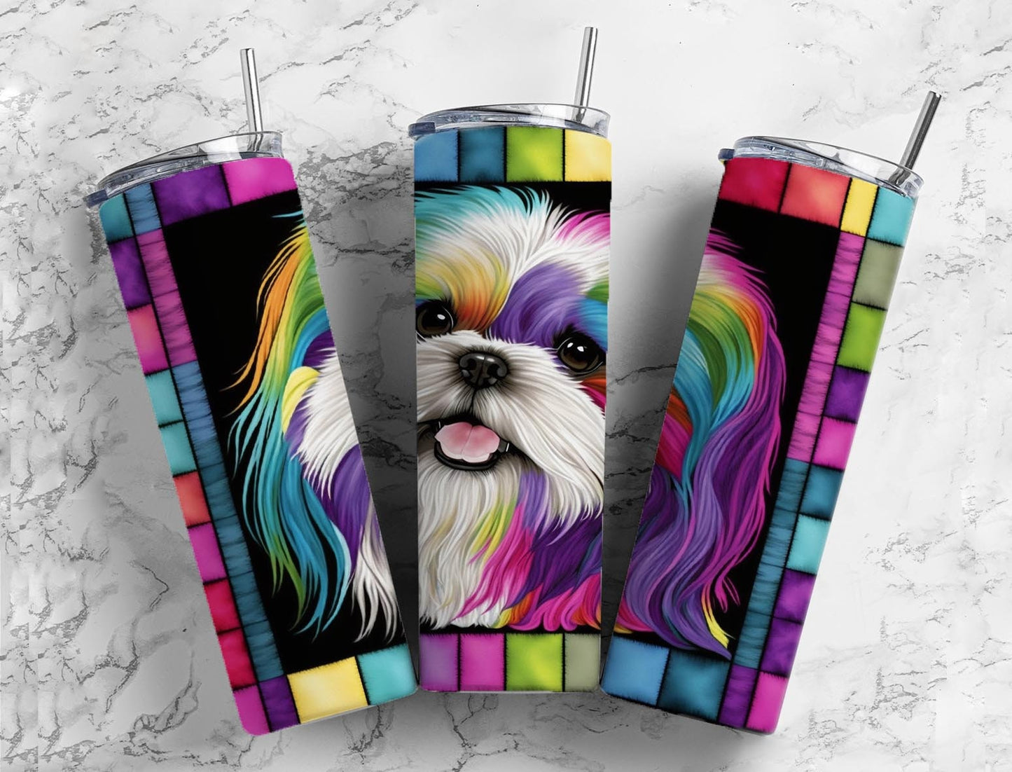 Colorful Dog 20oz Sublimation Tumbler Designs, Pattern Abstract 9.2 x 8.3” Straight Skinny Tumbler, Tumbler Wrap PNG