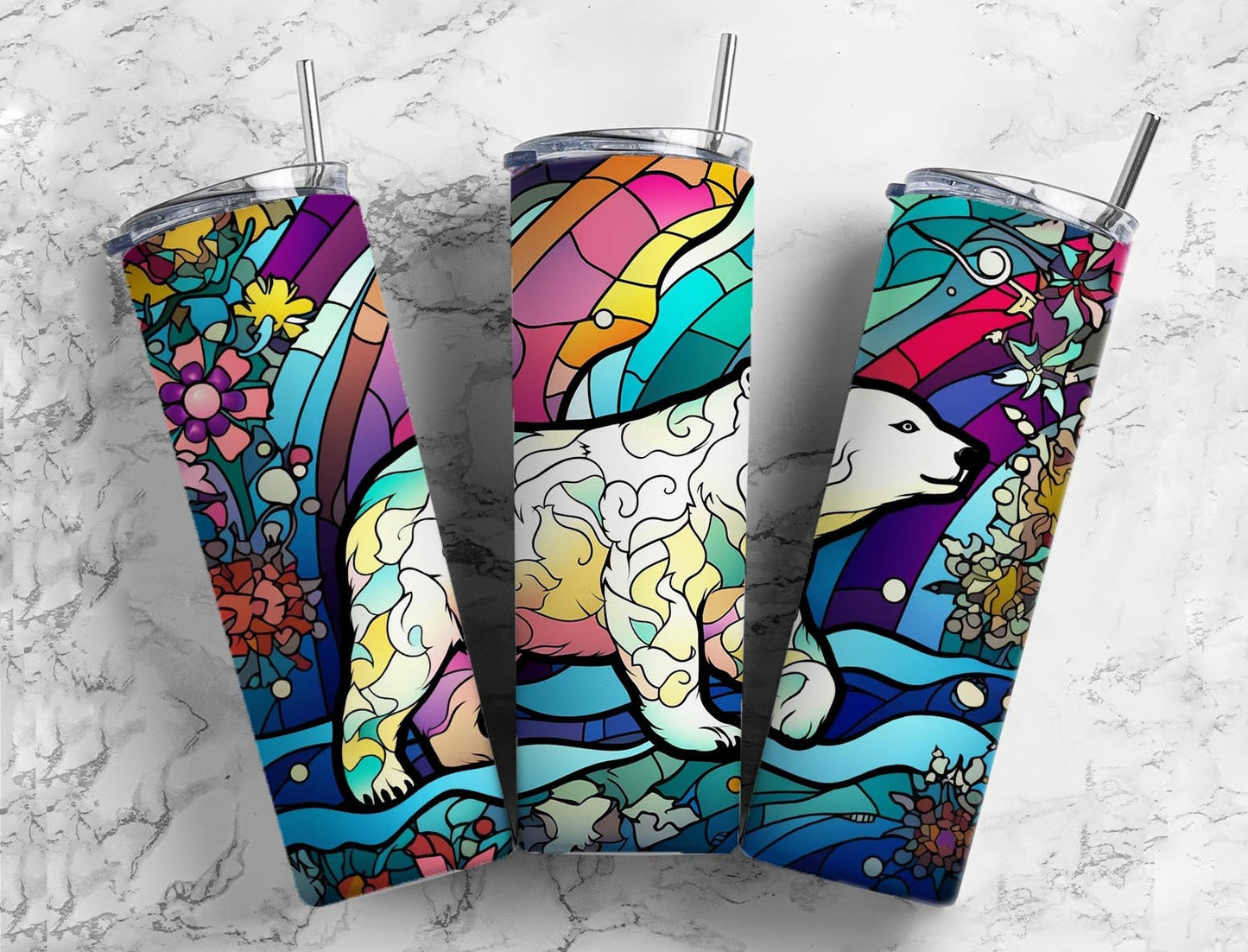 Polar bear floral 20oz Sublimation Tumbler Designs, Stained glass sky 9.2 x 8.3” Straight Skinny Tumbler Wrap PNG