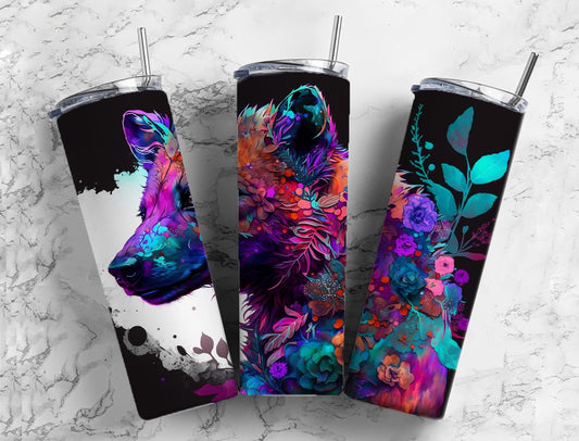 Alcohol ink hyena 20oz Sublimation Tumbler Designs, Colorful rainbow 9.2 x 8.3” Straight Skinny Tumbler Wrap PNG