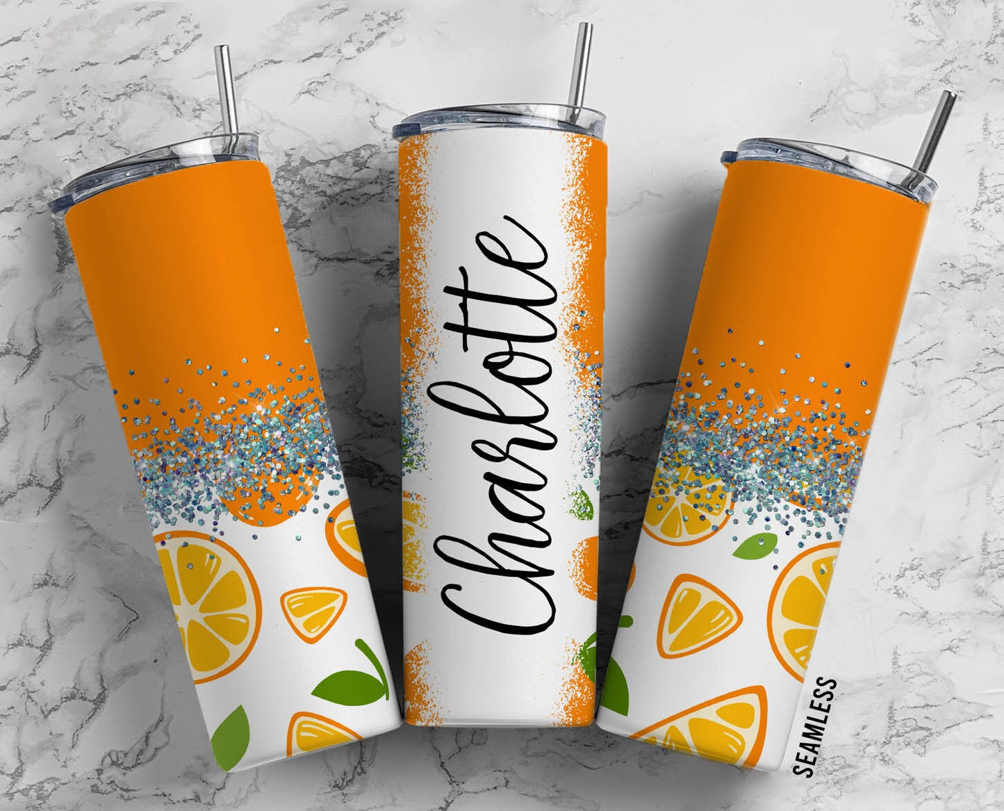 Summer Fruit Lemon 20oz Sublimation Tumbler Designs, Orange Silver Glitter Split 9.2 x 8.3” Straight Skinny Tumbler Wrap PNG 195