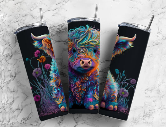 Alcohol Ink Highland Cow 20oz Sublimation Tumbler Designs, Rainbow 9.2 x 8.3” Straight Skinny Tumbler Wrap PNG, Sublimation Design PNG