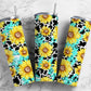 Sunflower Teal Cow 20oz Sublimation Tumbler Designs, Country Western 9.2 x 8.3” Straight Skinny Tumbler Wrap PNG, Turquoise Stone