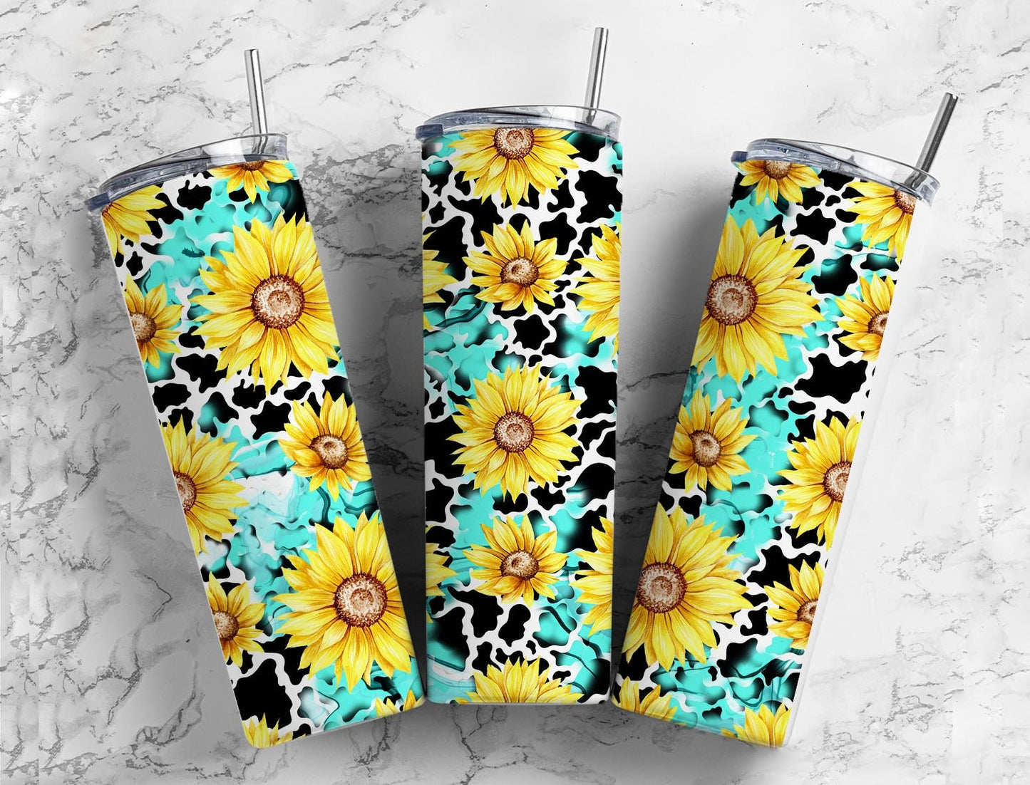 Sunflower Teal Cow 20oz Sublimation Tumbler Designs, Country Western 9.2 x 8.3” Straight Skinny Tumbler Wrap PNG, Turquoise Stone