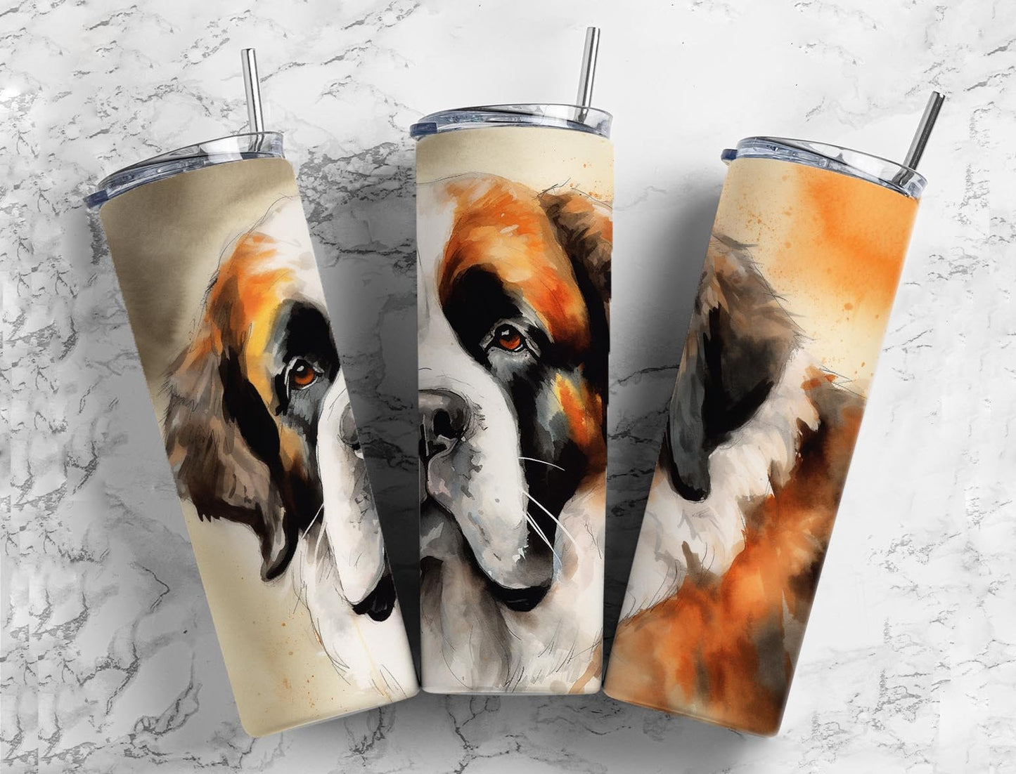 St Bernard 20oz Sublimation Tumbler Designs, neutral watercolor 9.2 x 8.3” Straight Skinny Tumbler Wrap PNG