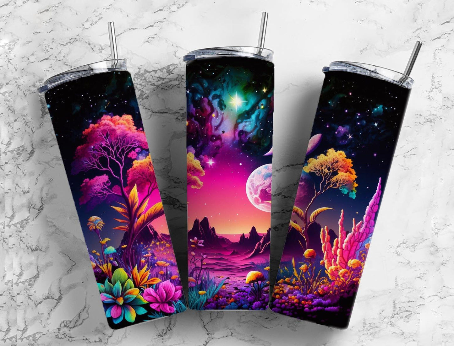 Galaxy Cartoon 20oz Sublimation Tumbler Designs, Colorful Neon Rainbow 9.2 x 8.3” Straight Skinny Tumbler, Tumbler Wrap PNG