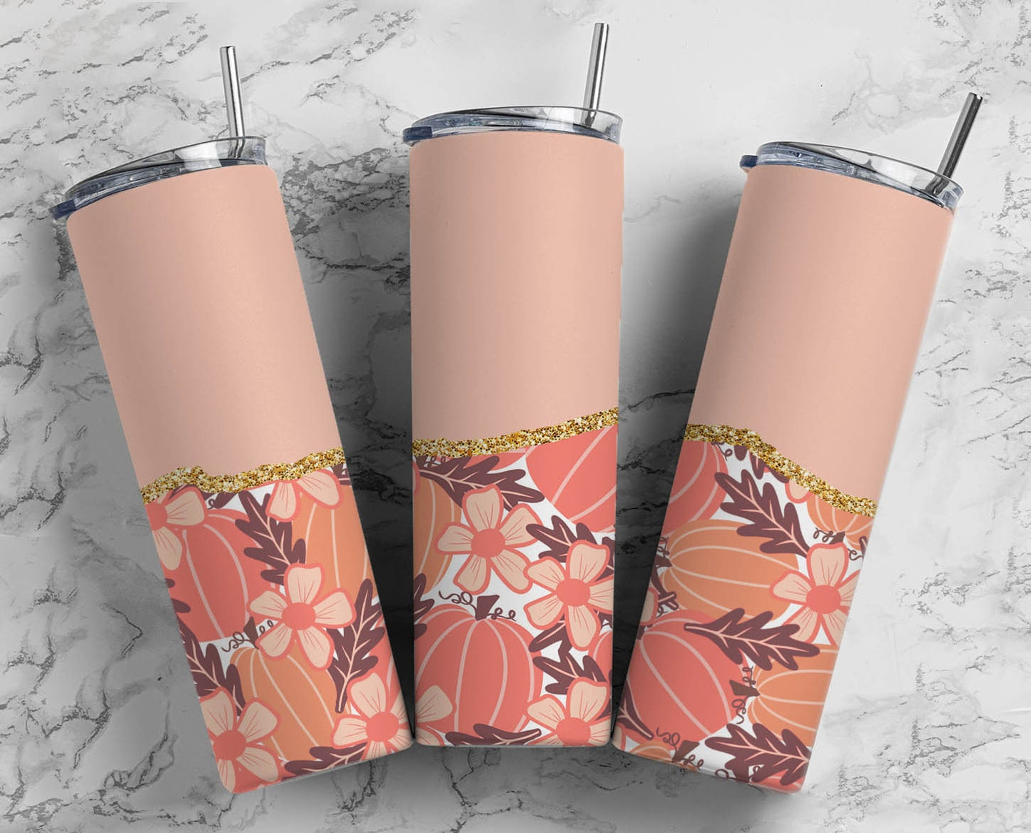 Pink Flower 20oz Sublimation Tumbler Designs, Floral 9.2 x 8.3” Straight Skinny Tumbler Wrap PNG, Gold Agate36