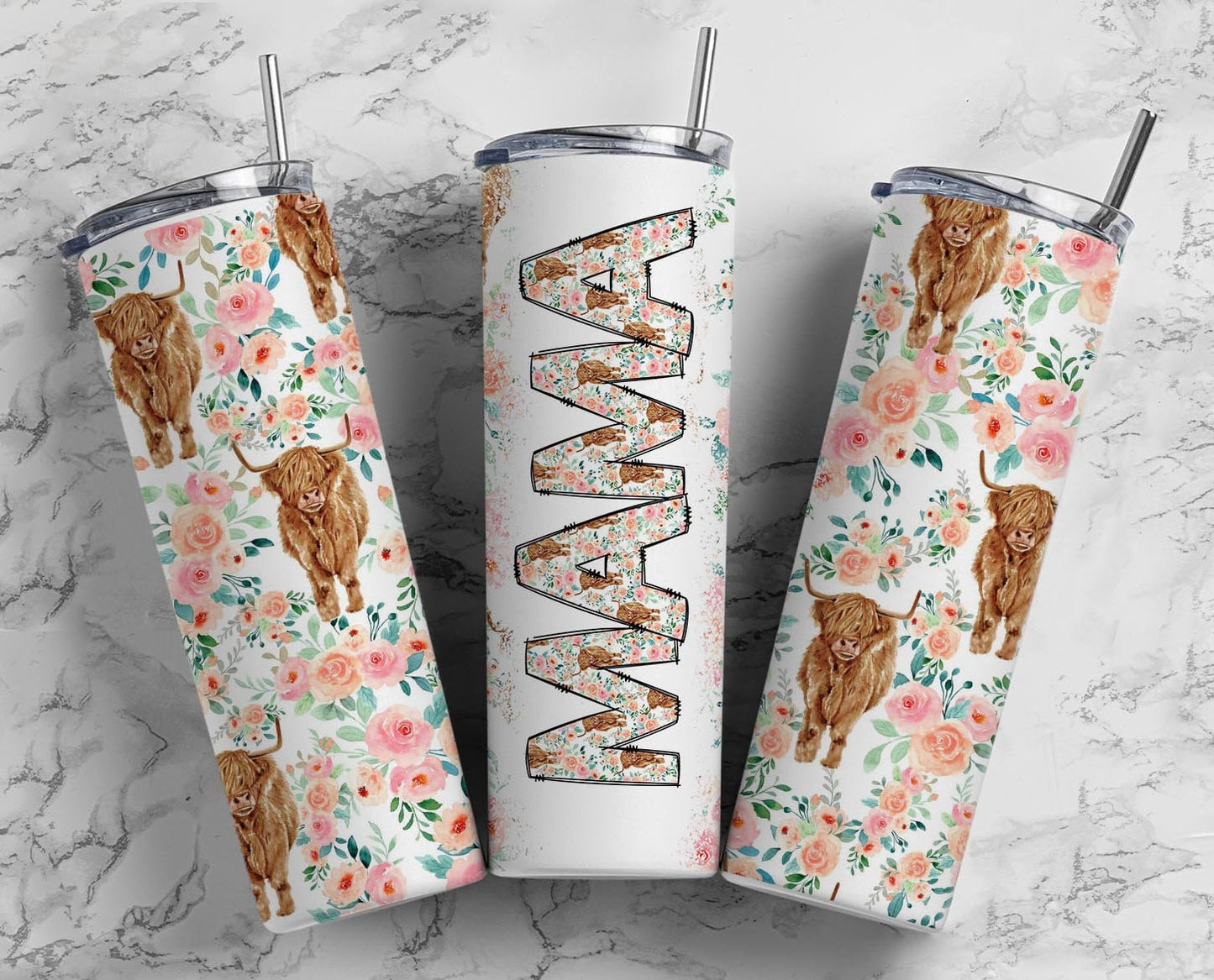 Agate Seamless Highland Cow Mama Sublimation Tumbler for 20oz, Cow Hide Mama Tumbler, Pink Floral Tumbler wrap, Cow Sublimation PNG