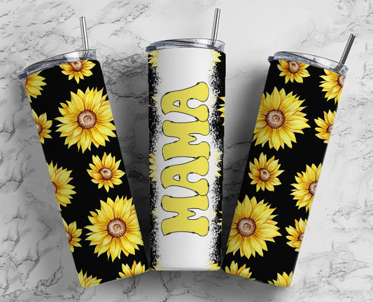 Black Sunflower 20oz Sublimation Tumbler Designs, Retro Mama 9.2 x 8.3” Straight Skinny Tumbler Wrap PNG, Mom Tumbler