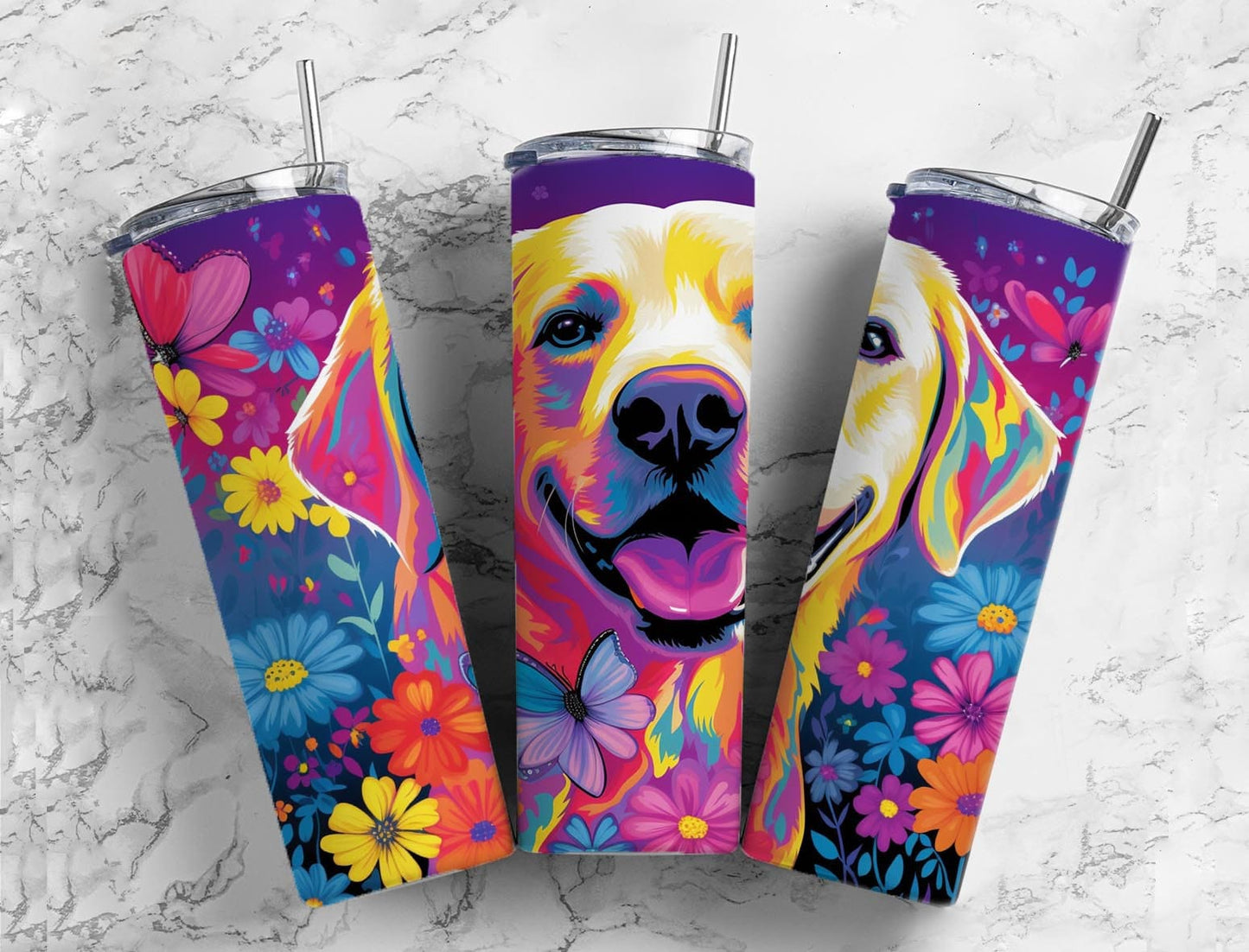 Yellow Labrador 20oz Sublimation Tumbler Designs, Colorful floral 9.2 x 8.3” Straight Skinny Tumbler Wrap PNG