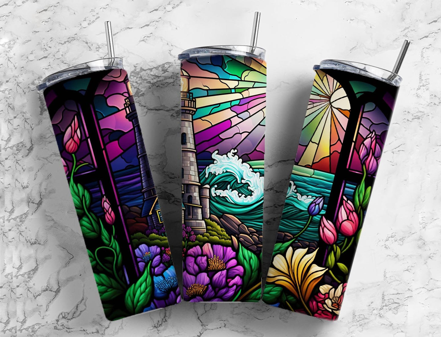 Stained glass light house 20oz Sublimation Tumbler Designs, colorful ocean 9.2 x 8.3” Straight Skinny Tumbler Wrap