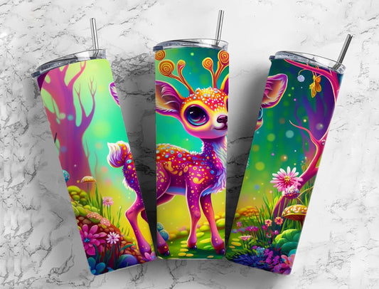 Cartoon deer 20oz Sublimation Tumbler Designs, Floral forest 9.2 x 8.3” Straight Skinny Tumbler Wrap PNG