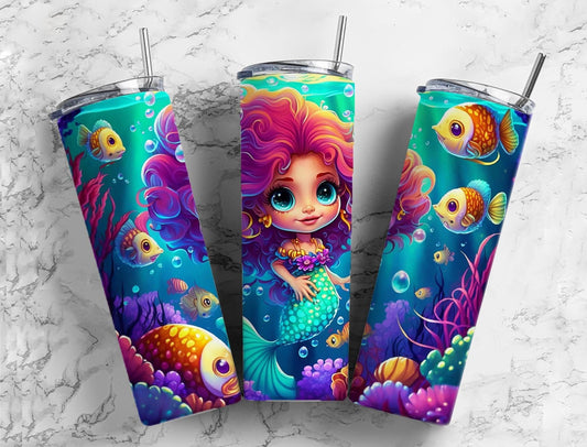 Cartoon mermaid 20oz Sublimation Tumbler Designs, Ocean fish 9.2 x 8.3” Straight Skinny Tumbler Wrap PNG