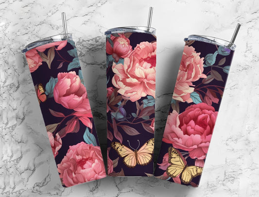 Butterfly floral 20oz Sublimation Tumbler Designs, Pink botanical 9.2 x 8.3” Straight Skinny Tumbler Wrap PNG