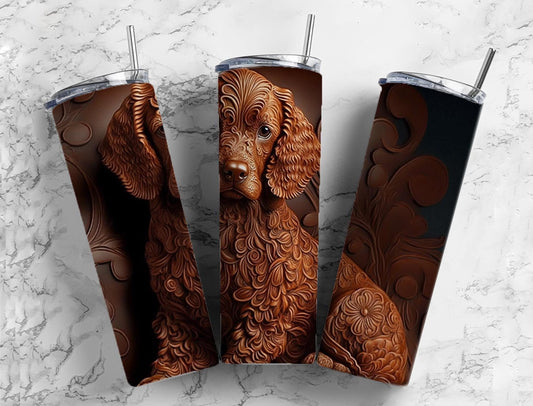 Tooled leather poodle dog 20oz Sublimation Tumbler Designs, Engraved leather 9.2 x 8.3” Straight Skinny Tumbler Wrap PNG