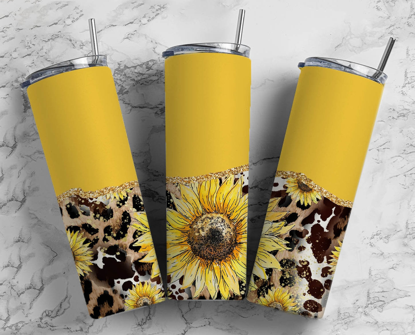 Yellow SunFlower 20oz Sublimation Tumbler Designs, leopard Country l 9.2 x 8.3” Straight Skinny Tumbler Wrap PNG, Gold Agate 158