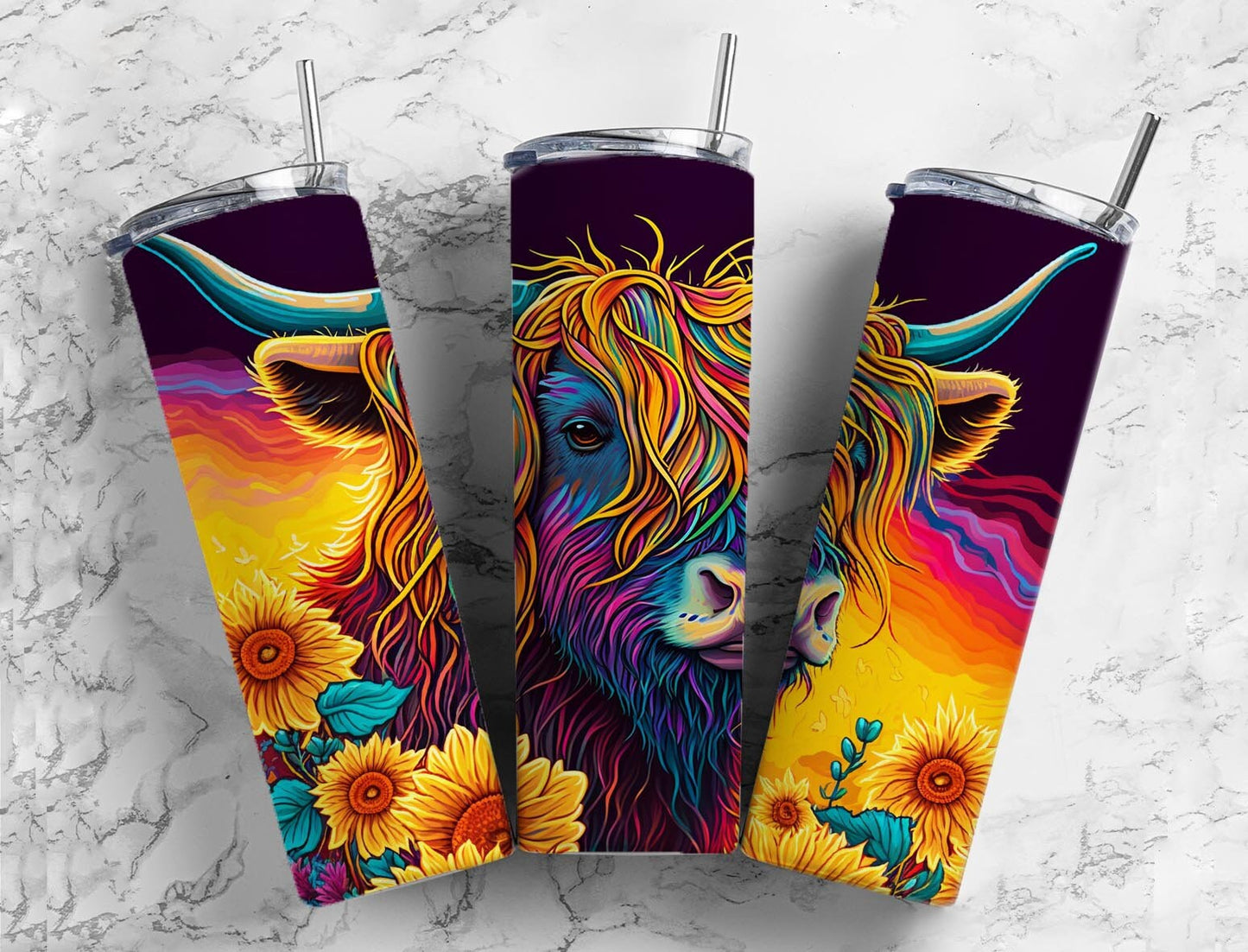 Colorful highland cow 20oz Sublimation Tumbler Designs, Rainbow floral 9.2 x 8.3” Straight Skinny Tumbler Wrap PNG