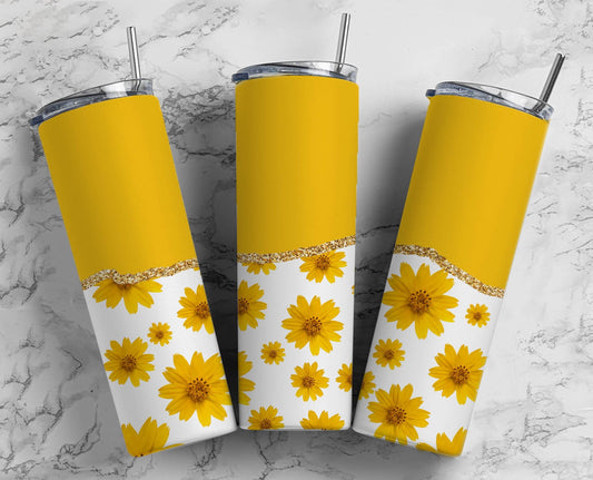 Rustic Yellow SunFlower 20oz Sublimation Tumbler Designs, AestheticFloral 9.2 x 8.3” Straight Skinny Tumbler Wrap PNG, Gold Agate 175