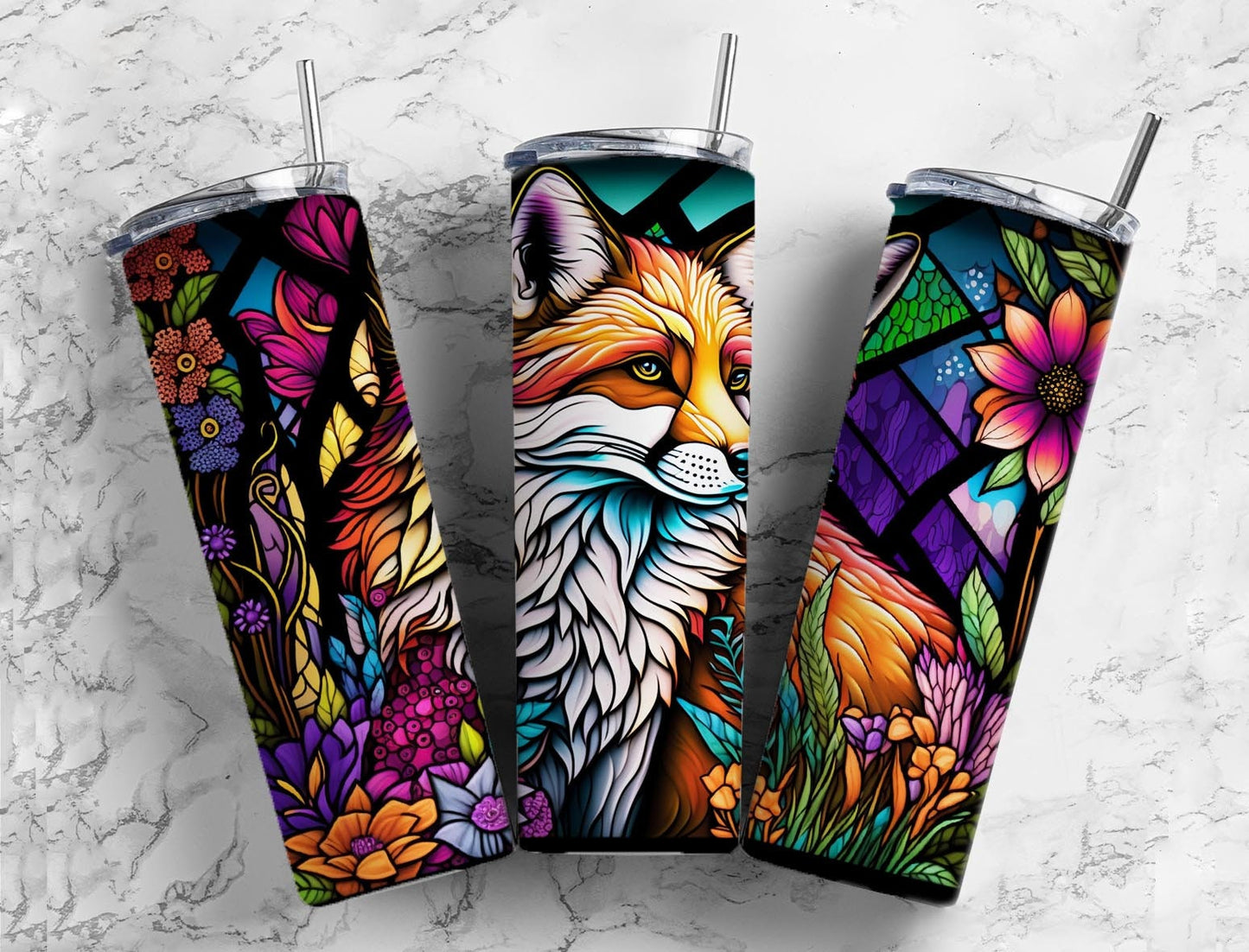 Stained glass Fox 20oz Sublimation Tumbler Designs, Rainbow neon 9.2 x 8.3” Straight Skinny Tumbler Wrap