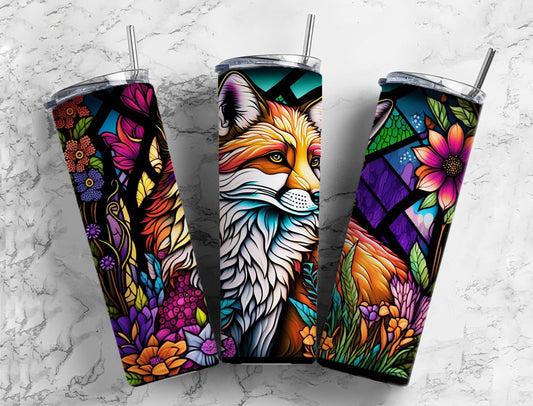 Stained glass Fox 20oz Sublimation Tumbler Designs, Rainbow neon 9.2 x 8.3” Straight Skinny Tumbler Wrap