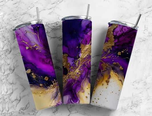 Purple and gold 20oz Sublimation Tumbler Designs, Acrylic pour 9.2 x 8.3” Straight Skinny Tumbler Wrap PNG