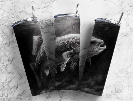 Bass Fishing Fish 20oz Sublimation Tumbler Designs, Charcoal Painting 9.2 x 8.3” Straight Skinny Tumbler, Tumbler Wrap PNG