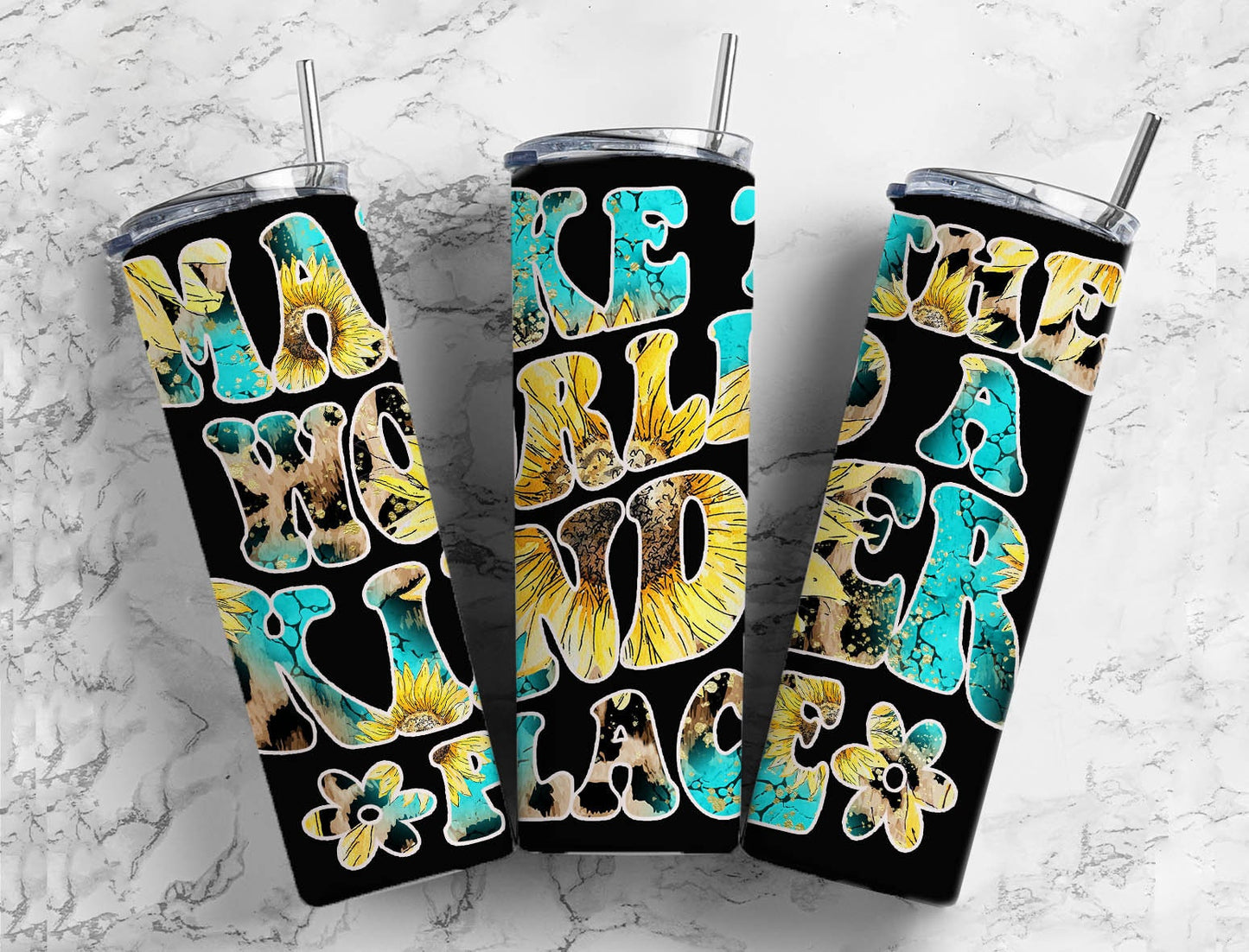 Blue Gem Sunflower 20oz Sublimation Tumbler Designs, Leopard Print Make The World A Kinder Place 9.2 x 8.3” Straight Skinny Tumbler PNG