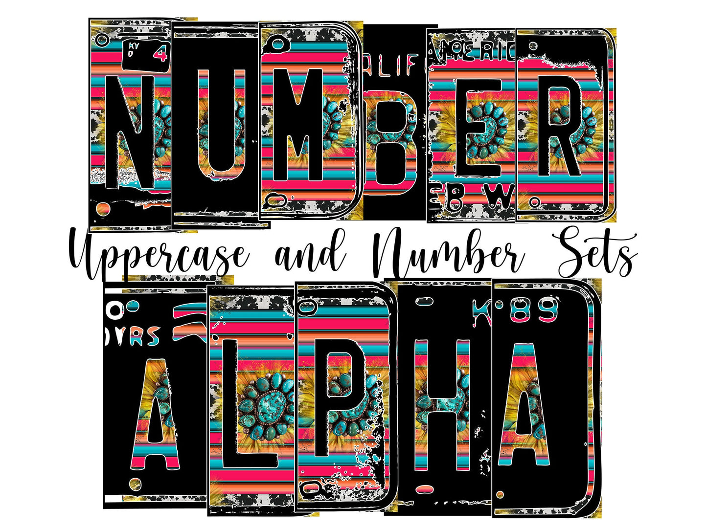 Serape Sunflower Number Plate Alphabet Uppercase Numbers PNG, Gem Stone Flower Alphabet PNG Digital Download