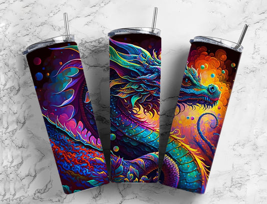 rainbow dragon 20oz Sublimation Tumbler Designs, Colorful dragon 9.2 x 8.3” Straight Skinny Tumbler Wrap PNG