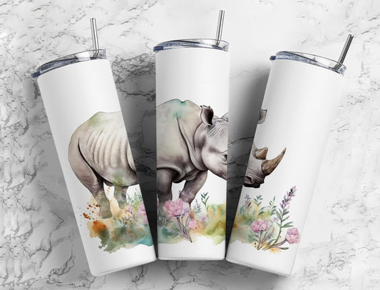 Rhinoceros 20oz Sublimation Tumbler Designs, Watercolor floral 9.2 x 8.3” Straight Skinny Tumbler Wrap PNG