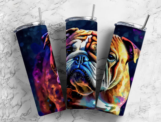 Bulldog 20oz Sublimation Tumbler Designs, Colorful dog 9.2 x 8.3” Straight Skinny Tumbler Wrap PNG