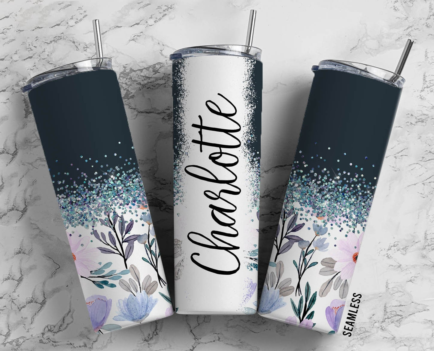 Blue Floral 20oz Sublimation Tumbler Designs, Navy Glitter Split 9.2 x 8.3” Straight Skinny Tumbler Wrap PNG 136