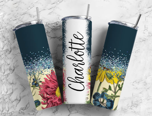 Blue floral 20oz Sublimation Tumbler Designs, colorful flowers 9.2 x 8.3” Straight Skinny Tumbler Wrap PNG